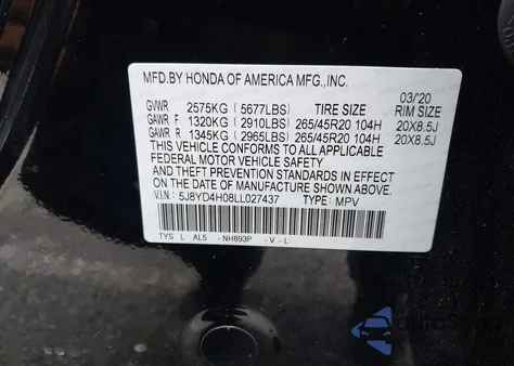 2020 Acura Mdx Technology A-Spec Packages z USA, uszkodzony, nr VIN 5J8YD4H08LL027437
